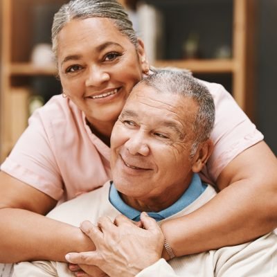 Love, senior couple and hug in living room home, bonding caring and smiling. Valentines day, romanc.